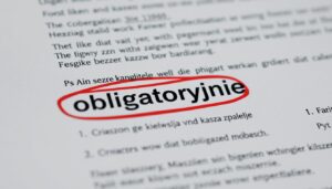 Słowo obligatoryjnie wyróżnione w tekście prawnym, co ilustruje znaczenie terminu obligatoryjnie co to znaczy