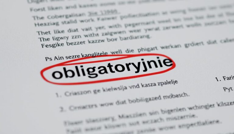 Słowo obligatoryjnie wyróżnione w tekście prawnym, co ilustruje znaczenie terminu obligatoryjnie co to znaczy