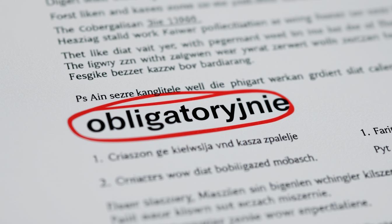 Słowo obligatoryjnie wyróżnione w tekście prawnym, co ilustruje znaczenie terminu obligatoryjnie co to znaczy