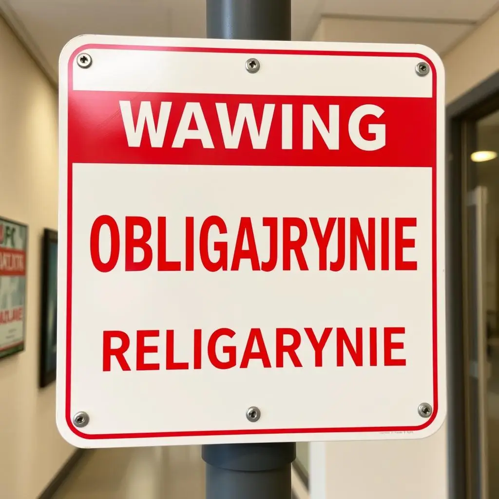 Znak informacyjny z napisem obligatoryjnie, ilustrujący praktyczne zastosowanie terminu obligatoryjnie co to znaczy Znak informacyjny z napisem obligatoryjnie, ilustrujący praktyczne zastosowanie terminu obligatoryjnie co to znaczy