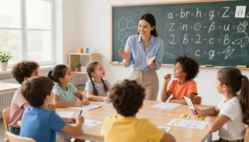 A bright and inviting classroom setting designed for children’s voice exercises. In the foreground, a diverse group of children, aged 5 to 8, are engaged in fun activities with colorful worksheets and playful phonetic flashcards. They are smiling and focused, dressed in casual clothing, showcasing enthusiasm for learning. In the middle, a friendly teacher guides them, using expressive gestures to demonstrate sounds. The background features a chalkboard filled with playful drawings of letters and sound symbols, and a large window allowing warm, natural light to fill the room, creating a joyful and stimulating atmosphere. The image captures a sense of interaction, energy, and creativity in a space dedicated to speech therapy exercises.