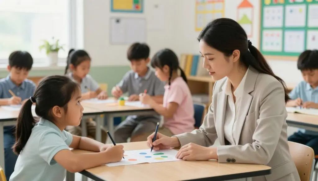 A bright and welcoming classroom scene depicting a diverse group of students engaged in special education activities. In the foreground, a focused teacher, dressed in professional attire, provides individualized instruction to one student, who appears curious and engaged. The middle ground features a small group of students collaboratively working on a hands-on project, promoting inclusivity and teamwork. The background showcases colorful educational materials and charts on the walls, emphasizing a supportive learning environment. Soft, natural light filters through the windows, creating a warm and inviting atmosphere. The overall mood should reflect positivity and encouragement, highlighting the importance of special education in schools while maintaining a clear focus on the educational aspects of special needs support.