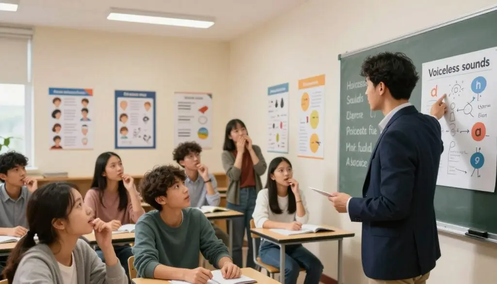 A classroom setting focusing on the concept of "voiceless sounds" in phonetics. In the foreground, a professional logopedist, dressed in smart casual attire, stands by a chalkboard, pointing to a chart that visually represents voiceless consonants with clear, bold illustrations. In the middle ground, attentive students, in modest casual clothing, are actively engaging in an exercise, practicing sounds with various articulatory methods, showcasing expressions of concentration. The background features educational posters about phonetics and speech, with soft, warm overhead lighting creating a welcoming atmosphere. The angle is slightly elevated, capturing a dynamic view of interaction and learning, emphasizing a professional and supportive environment conducive to speech practice.