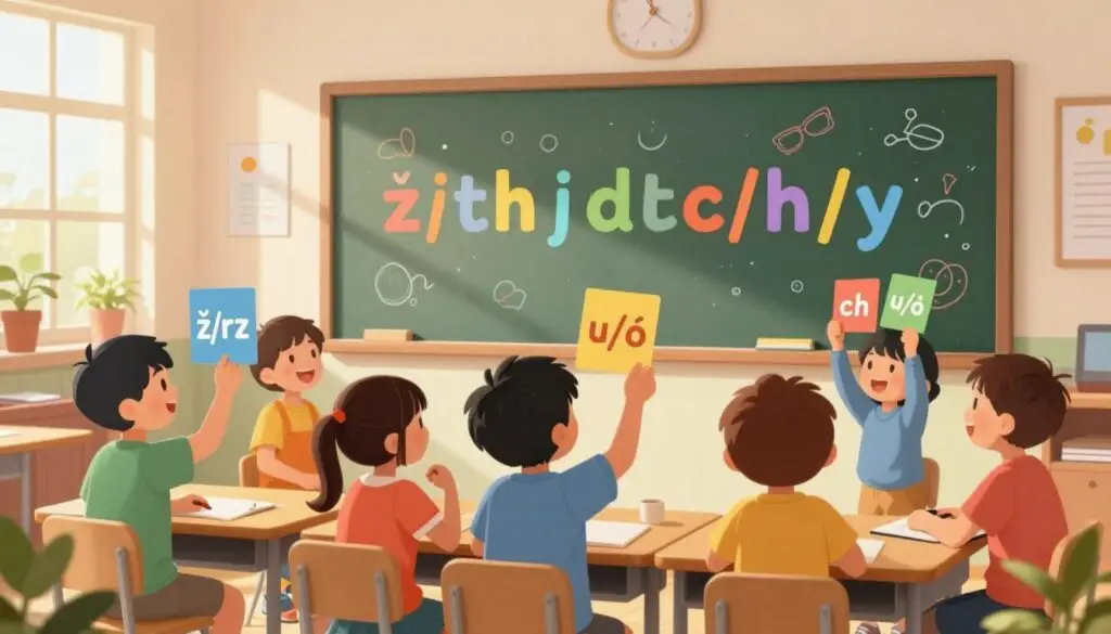 A colorful and engaging illustration depicting a whimsical classroom setting focused on orthographic rhymes. In the foreground, a cheerful group of children, dressed in modest casual clothing, eagerly participate in a rhyme activity, each holding colorful cards with examples of "ż/rz," "ch/h," and "u/ó". The middle ground features a large chalkboard filled with playful, brightly colored illustrations of letters and rhymes. In the background, sunlight streams through the classroom windows, creating a warm, inviting atmosphere. Soft shadows cast by playful decorations enhance the cheerful vibe. The mood is joyful and educational, capturing the essence of learning through rhymes, engaging young learners in a vibrant way.