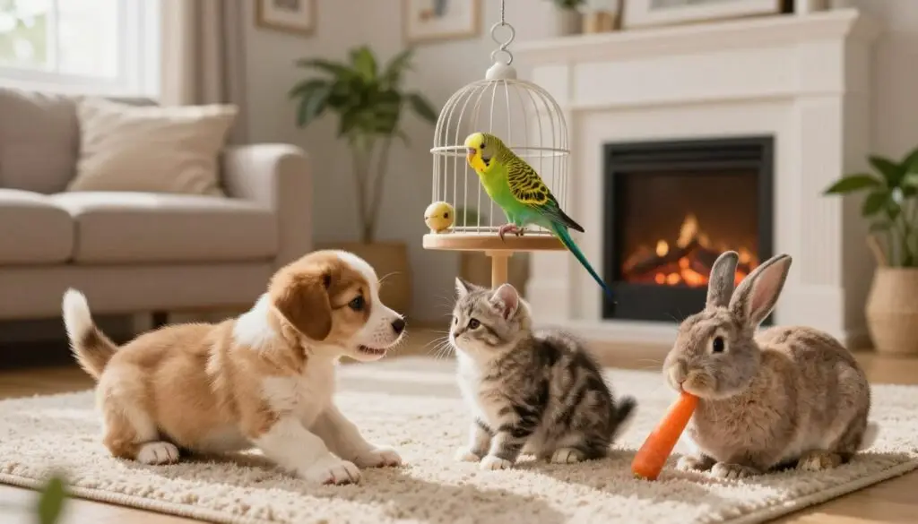 A cozy living room filled with a variety of domestic animals including a playful puppy, a fluffy kitten, a cheerful parakeet, and a gentle rabbit. In the foreground, the puppy and kitten are engaged in a playful interaction on a soft rug, while the rabbit sits calmly nearby, munching on a carrot. In the middle, a colorful parakeet perches on a decorative birdcage, adding vibrancy to the scene. The background features a warm, inviting fireplace and houseplants, enhancing the homely atmosphere. Soft, natural light filters through a window, casting a gentle glow across the room. The mood is joyful and comforting, perfect for illustrating the charm and companionship of pets.