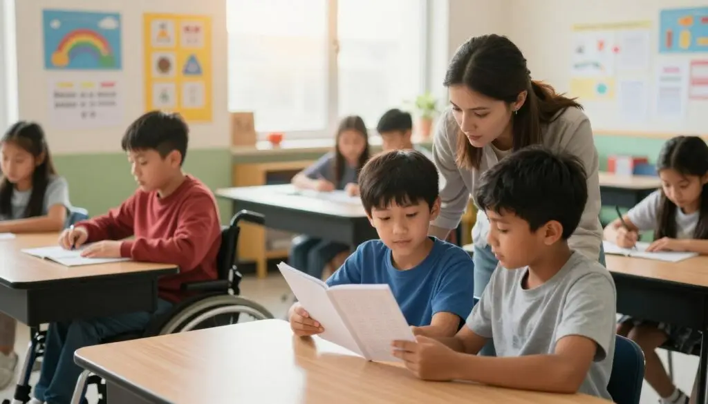 A focused classroom scene showcasing the diverse needs of students with disabilities. In the foreground, a dedicated teacher assists a visually impaired student using a Braille book, demonstrating connection and care. To the left, a student with a mobility aid works at a desk, engaged in a group activity with classmates. The middle area features a bright and colorful learning environment with posters and educational materials on disability awareness. The background shows large windows letting in warm, natural light, creating an inviting and inclusive atmosphere. The scene is captured with a soft focus, emphasizing the warmth of the interaction among students and educators, fostering a sense of community and understanding in the school setting.