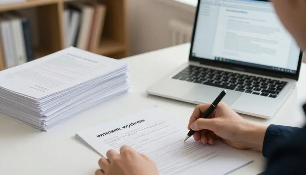 A professional workspace featuring a desk with a neatly organized stack of documents titled "wniosek wydanie" in bold lettering. In the foreground, a pair of hands can be seen filling out a form, highlighting the importance of the task. The middle ground includes a laptop displaying a PDF template, with soft, natural lighting illuminating the scene, conveying a serious but focused atmosphere. In the background, shelves filled with books and reference materials suggest a scholarly environment. The camera angle is slightly overhead, providing a comprehensive view of the workspace. The overall mood is one of professionalism and diligence, appropriate for legal and educational contexts.