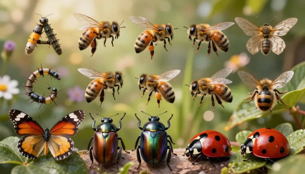 A vibrant and detailed composition showcasing a variety of insects arranged alphabetically. In the foreground, include a colorful butterfly, a shiny beetle, and a delicate ladybug, each positioned prominently to highlight their unique features. In the middle ground, depict an array of common beneficial insects, such as bees and ladybird larvae, contrasted with less desirable ones like aphids. The background should feature a lush garden scene, softly blurred to emphasize the insects, with dappled sunlight filtering through leaves, creating a warm and inviting atmosphere. Use a macro lens angle to capture the intricate details of the insects’ bodies and wings, while maintaining a balanced and harmonious composition that reflects both the helpful and troublesome aspects of these fascinating creatures.