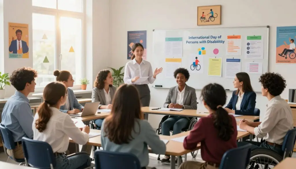 A vibrant classroom setting filled with engaging visual aids for a presentation on the International Day of Persons with Disabilities. In the foreground, a diverse group of students—children of varying ages, abilities, and backgrounds—are actively participating in an interactive discussion, wearing professional business attire and modest casual clothing. The middle ground features a large whiteboard covered with colorful charts and images that symbolize inclusion and accessibility. In the background, sunlight streams through large windows, creating a warm and inviting atmosphere, while motivational posters about empowerment and disability awareness decoratively adorn the walls. This scene captures the essence of collaboration, education, and the celebration of diversity, embodying a positive mood and encouraging spirit.