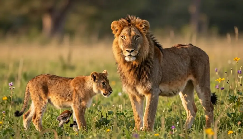 A vibrant scene depicting a male and female animal with their young, showcasing their natural habitat. In the foreground, the male animal displays its impressive features, such as a regal mane or vibrant plumage, staring confidently. Beside it, the female animal is nurturing a playful young, highlighting its innocent, curious demeanor. The middle ground shows lush grass and wildflowers, adding color and life to the environment. In the background, a softly blurred forest provides depth, allowing the viewer to feel immersed in nature. The lighting is warm and golden, suggesting a late afternoon sun, casting gentle shadows and creating a serene atmosphere. The overall mood is one of harmony and family, capturing the essence of wildlife nurturing and the bond between species.