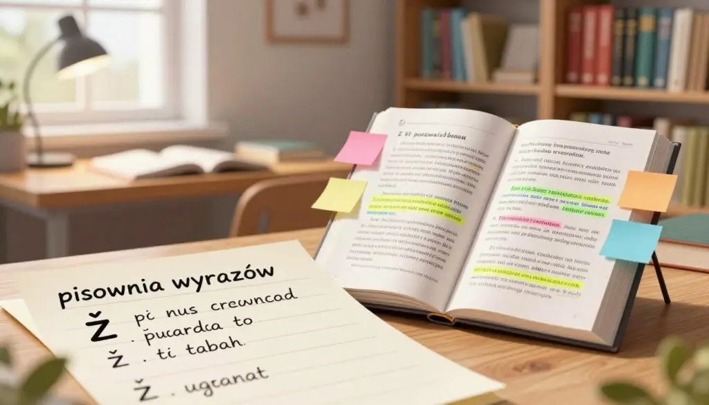 A visually engaging educational illustration focused on "pisownia wyrazów," featuring the letter "ż" prominently. In the foreground, a close-up of a handwritten note with examples of correct uses of "ż," showcasing various words in clear, legible cursive. The middle layer displays an open grammar book with highlighted sections discussing the spelling rules, surrounded by colorful sticky notes. In the background, a well-lit study room with a wooden desk, a cozy reading lamp, and bookshelves filled with language reference books, creating a scholarly atmosphere. Soft natural light filters through a window, casting gentle shadows, and conveying a sense of warmth and focus on learning.