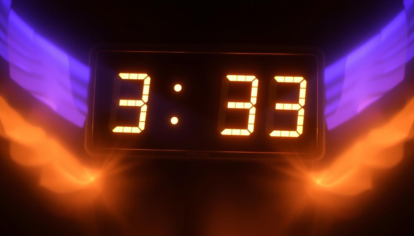 Anielska liczba 333 wyświetlona na cyfrowym zegarze o godzinie 3:33, symbolizująca duchowe przesłanie i 333 znaczenie w miłości