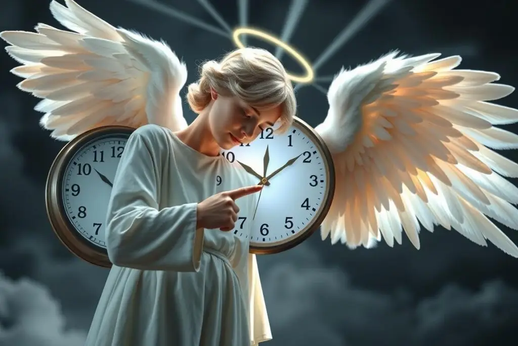 Anioł stróż wskazujący na zegar z godziną 13:13, co oznacza godzina 13 13 w anielskich przekazach