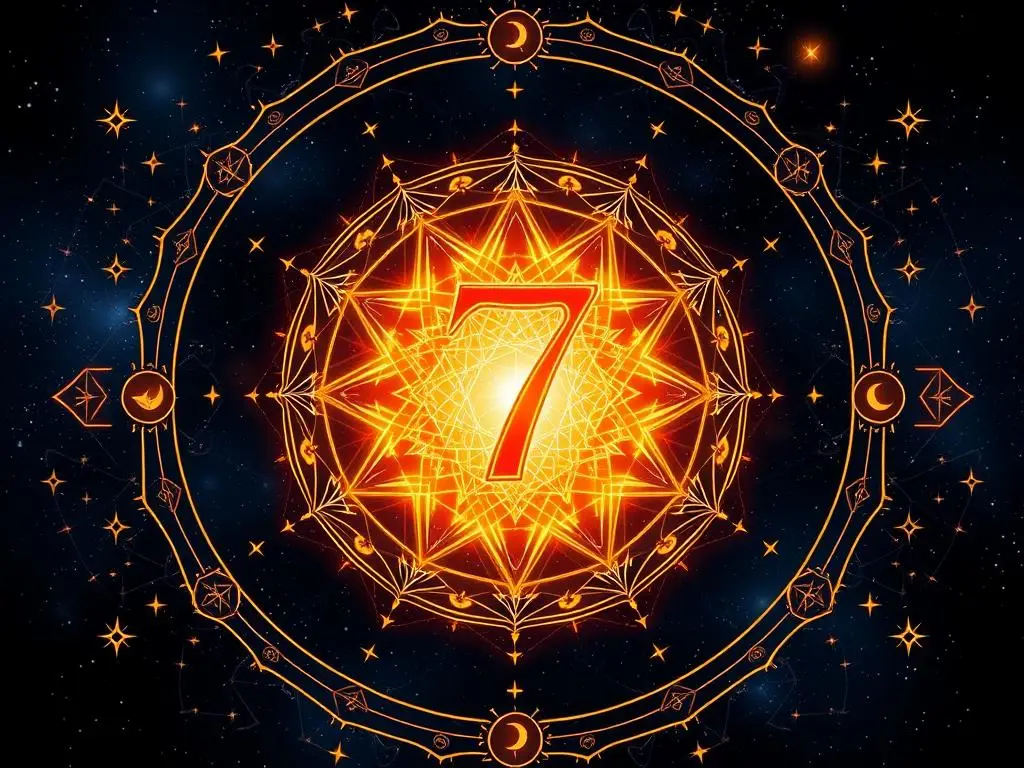 Cyfra 7 otoczona symbolami duchowymi, ilustrująca liczba 7 w życiu codziennym Cyfra 7 otoczona symbolami duchowymi, ilustrująca liczba 7 w życiu codziennym