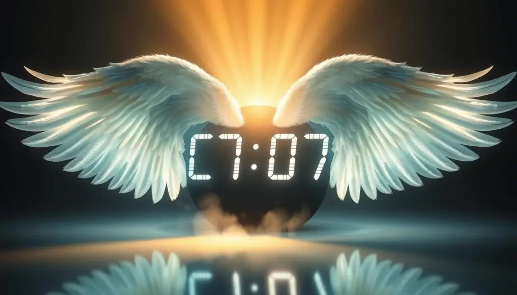 Cyfrowy zegar pokazujący 07:07 z anielskimi skrzydłami, ilustrujący lustrzane godziny 07 07 Cyfrowy zegar pokazujący 07:07 z anielskimi skrzydłami, ilustrujący lustrzane godziny 07 07