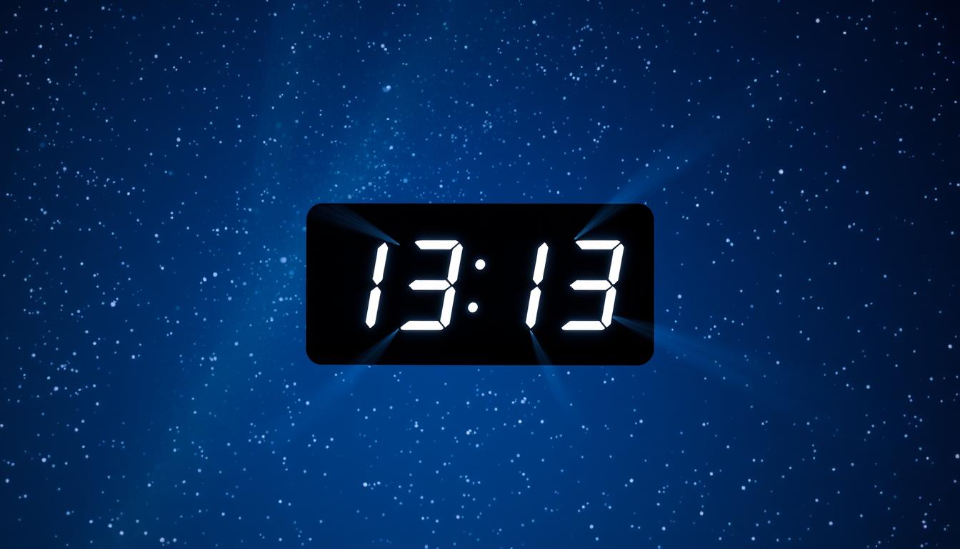 Cyfrowy zegar pokazujący godzinę 13:13 na tle gwiaździstego nieba, co oznacza godzina 13 13