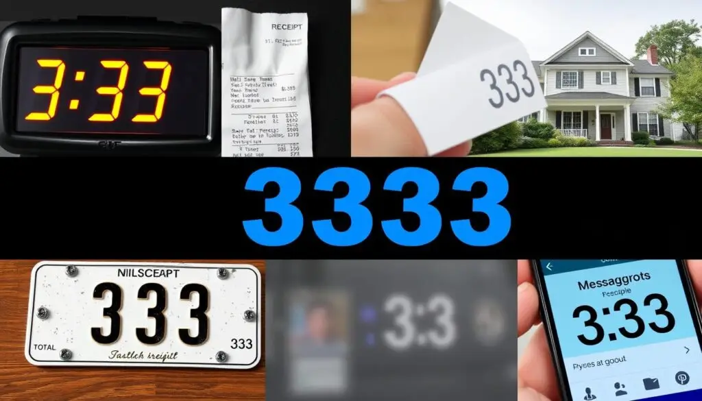 Kolaż miejsc, gdzie może pojawiać się liczba 333 w codziennym życiu, ilustrujący jak rozpoznać anielskie znaki