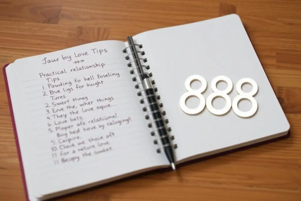 Notatnik z listą praktycznych wskazówek i symbolem 888, reprezentujący codzienne zastosowanie energii tej liczby