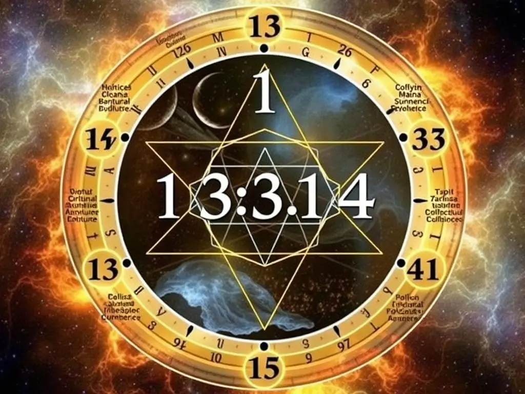 Numerologiczny rozkład liczby 13:13 z symbolami liczb 1, 3 i 4, co oznacza godzina 13 13 w numerologii