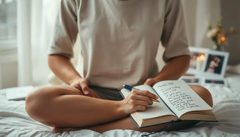 Osoba medytująca z notatnikiem, zapisująca swoje myśli o liczbie 333, ilustrująca praktyczne podejście do interpretacji 333 znaczenie w miłości