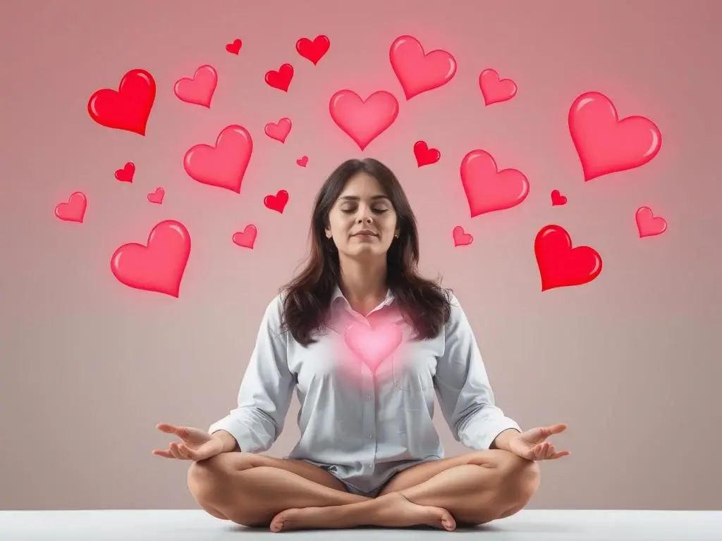 Osoba medytująca z wizualizacją liczby 888 i symbolami miłości, reprezentująca przyciąganie miłości