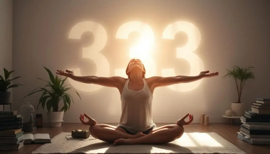 Osoba praktykująca medytację z symbolem liczby 333, ilustrująca rozwój osobisty i duchowy pod wpływem anielskiej liczby