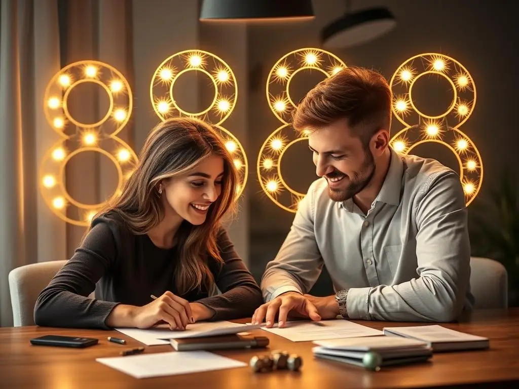 Para planująca finanse z symbolem 888 nad stołem, symbolizująca związek między dobrobytem finansowym a miłością