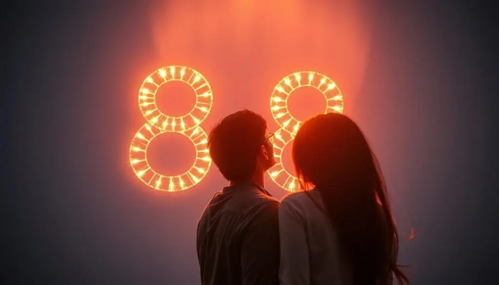 Para pokonująca przeszkody z symbolem 888 świecącym nad nimi jako przewodnik