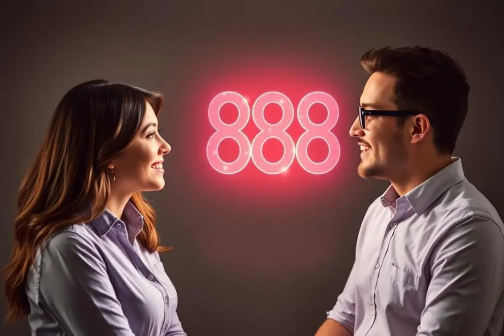Para rozmawiająca ze świetlistym symbolem 888 między nimi, symbolizująca udoskonaloną komunikację