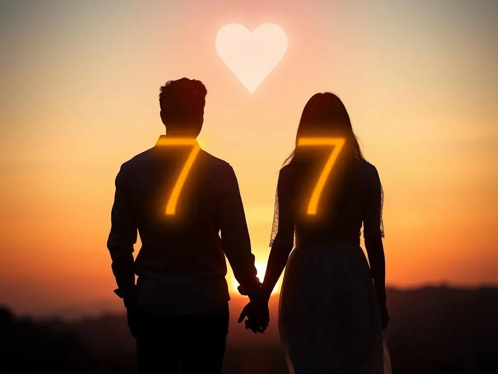 Para trzymająca się za ręce z liczbą 777 unoszącą się nad nimi Para trzymająca się za ręce z liczbą 777 unoszącą się nad nimi