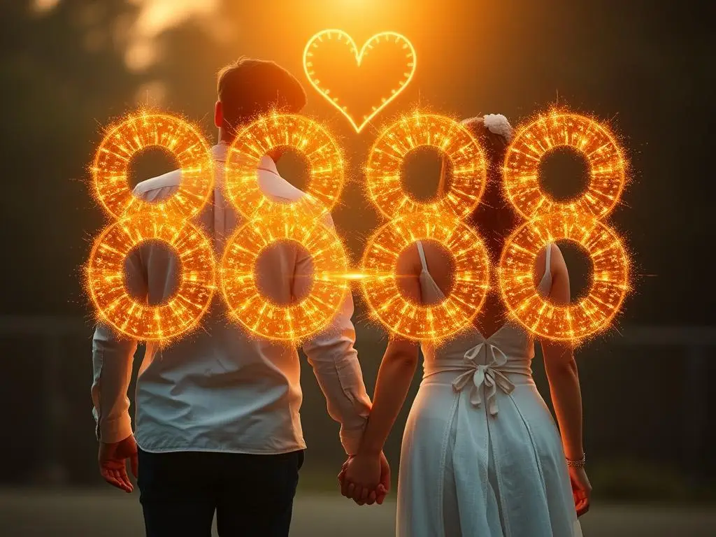 Para trzymająca się za ręce z symbolem liczby 888 unoszącym się nad nimi, symbolizująca znaczenie tej liczby w miłości