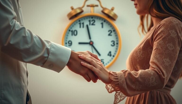 Para trzymająca się za ręce z zegarem pokazującym 07:07 w tle, symbolizująca znaczenie 07 07 w miłości