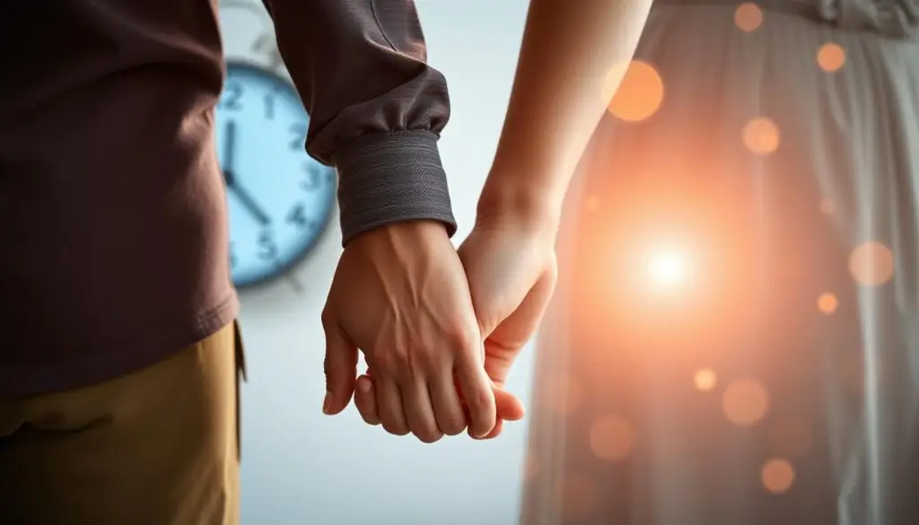 Para trzymająca się za ręce z zegarem pokazującym 13:13 w tle, co oznacza godzina 13 13 dla związków