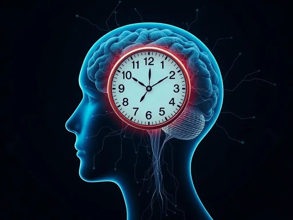 Profil ludzkiej głowy z widocznym mózgiem i zegarem 13:13, symbolizujący psychologiczny aspekt lustrzanych godzin, co oznacza godzina 13 13 w psychologii