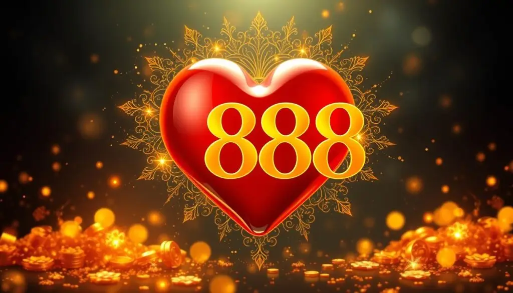 Serce otoczone złotym światłem z liczbą 888, symbolizujące obfitość uczuć i dobrobyt w miłości