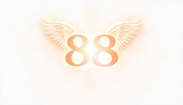 Wizualizacja anielskiej liczby 888 otoczona symbolami duchowymi i świetlistą energią