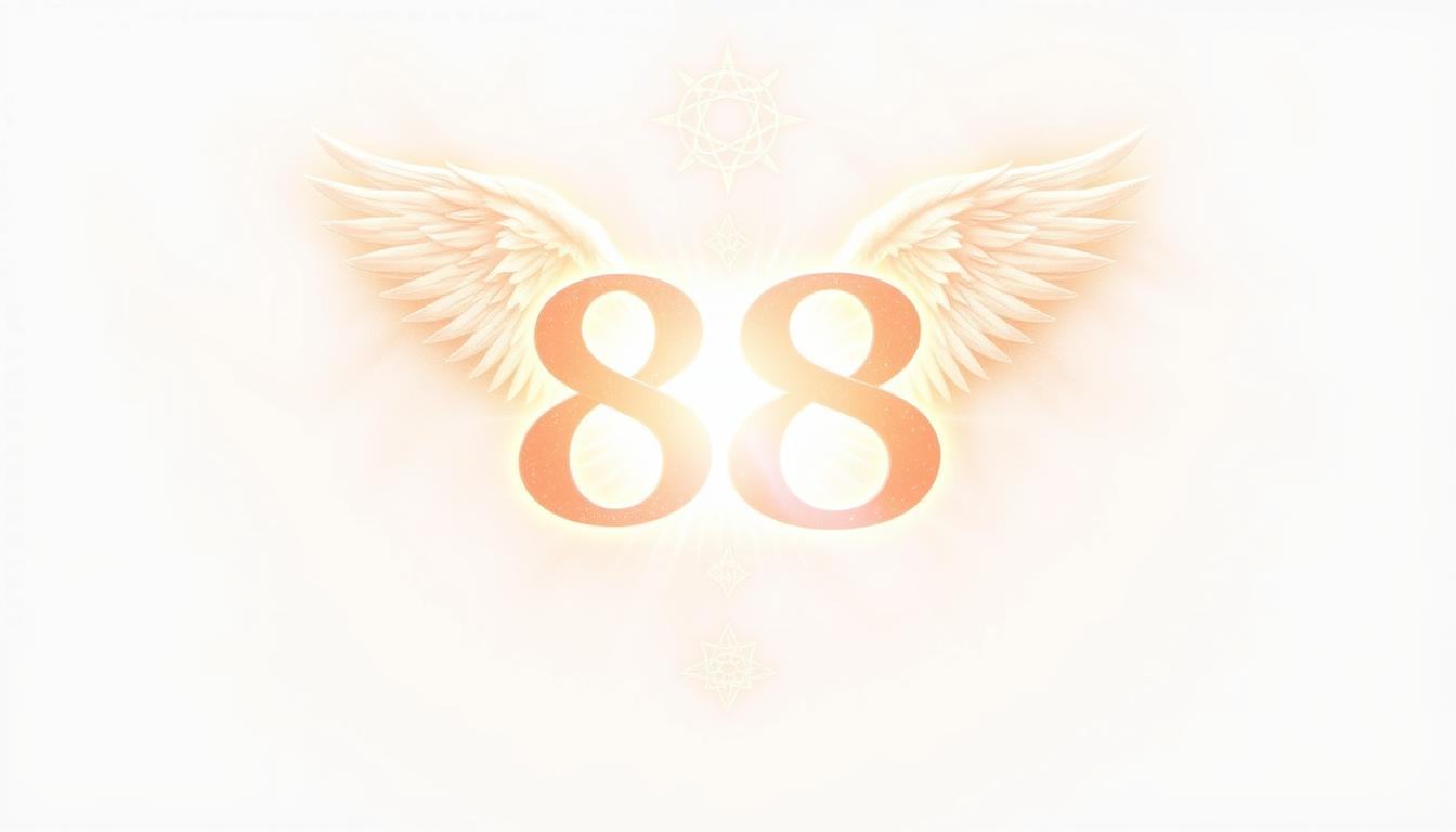 Wizualizacja anielskiej liczby 888 otoczona symbolami duchowymi i świetlistą energią