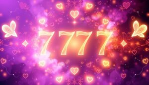 Wizualizacja liczby 777 z symbolami duchowymi i miłosnymi