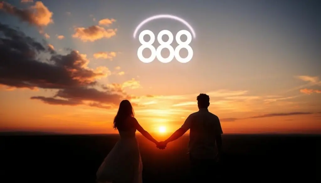 Zachód słońca z parą trzymającą się za ręce i symbolem 888 na niebie, symbolizujący harmonijną podróż miłosną