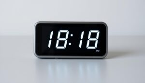 Zegarek cyfrowy pokazujący godzinę 18:18, co oznacza lustrzaną godzinę