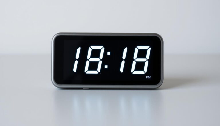 Zegarek cyfrowy pokazujący godzinę 18:18, co oznacza lustrzaną godzinę
