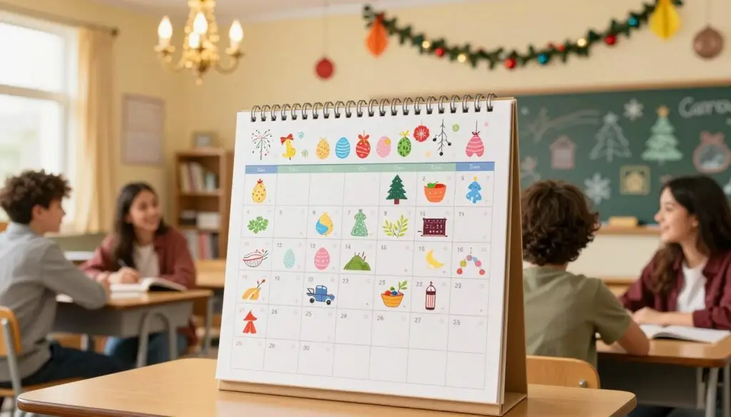 A beautifully illustrated calendar showcasing a variety of traditional and non-traditional holidays throughout the year. In the foreground, a large wall calendar is prominently displayed, featuring colorful illustrations for each holiday, such as Easter eggs, Christmas decorations, and other festive symbols. The middle ground includes cheerful decorations like paper chandeliers and garlands, with students of diverse backgrounds, dressed in modest casual clothing, joyfully discussing their favorite holidays. In the background, a classroom scene with soft golden lighting enhances the warm, festive atmosphere, complete with a chalkboard displaying seasonal drawings. The composition captures an engaging and inspiring environment, perfect for celebrating holidays in a school setting.