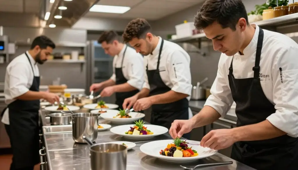 A bustling restaurant kitchen scene, showcasing a diverse crew of professional chefs in smart uniforms and aprons, working efficiently amid the clattering of dishes. In the foreground, a chef garnishes a colorful plate of freshly prepared food with vibrant herbs and spices, emphasizing attention to detail and culinary artistry. In the middle, other chefs are seen swiftly moving and coordinating, creating a dynamic yet organized atmosphere. The background features shelves stocked with ingredients and kitchen tools, illuminated by bright overhead lights, casting a warm, inviting glow. The overall mood is lively and focused, reflecting the challenges and risks in maintaining service continuity in the gastronomy industry. The scene captures the essence of professional dedication while illustrating the risks involved in meal preparation and service. A bustling restaurant kitchen scene, showcasing a diverse crew of professional chefs in smart uniforms and aprons, working efficiently amid the clattering of dishes. In the foreground, a chef garnishes a colorful plate of freshly prepared food with vibrant herbs and spices, emphasizing attention to detail and culinary artistry. In the middle, other chefs are seen swiftly moving and coordinating, creating a dynamic yet organized atmosphere. The background features shelves stocked with ingredients and kitchen tools, illuminated by bright overhead lights, casting a warm, inviting glow. The overall mood is lively and focused, reflecting the challenges and risks in maintaining service continuity in the gastronomy industry. The scene captures the essence of professional dedication while illustrating the risks involved in meal preparation and service.