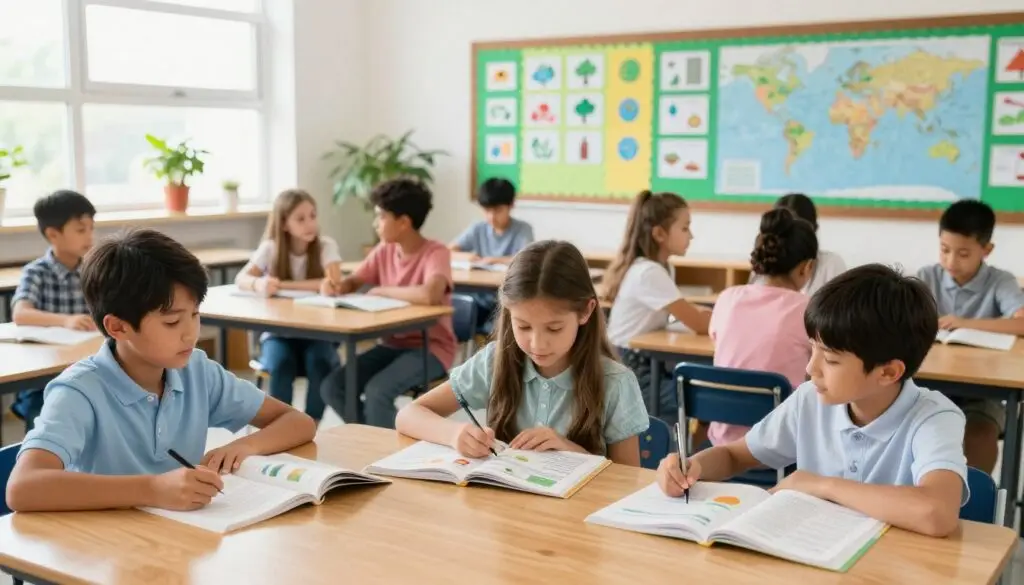 A classroom environment displaying a diverse group of students, aged 10-14, in a vibrant, well-lit space. The foreground features a large wooden table with open textbooks on biology, geography, and chemistry, surrounded by engaged children in modest, casual clothing. In the middle, a bulletin board shows colorful educational materials aligned with the primary school curriculum, including diagrams of ecosystems and maps of geographical regions. The background features large windows allowing natural light to flood the room, with plants providing a refreshing touch. The atmosphere is inspiring and focused, conveying a sense of curiosity and collaboration among young learners. The overall composition captures an educational and inviting setting dedicated to foundational knowledge. A classroom environment displaying a diverse group of students, aged 10-14, in a vibrant, well-lit space. The foreground features a large wooden table with open textbooks on biology, geography, and chemistry, surrounded by engaged children in modest, casual clothing. In the middle, a bulletin board shows colorful educational materials aligned with the primary school curriculum, including diagrams of ecosystems and maps of geographical regions. The background features large windows allowing natural light to flood the room, with plants providing a refreshing touch. The atmosphere is inspiring and focused, conveying a sense of curiosity and collaboration among young learners. The overall composition captures an educational and inviting setting dedicated to foundational knowledge.