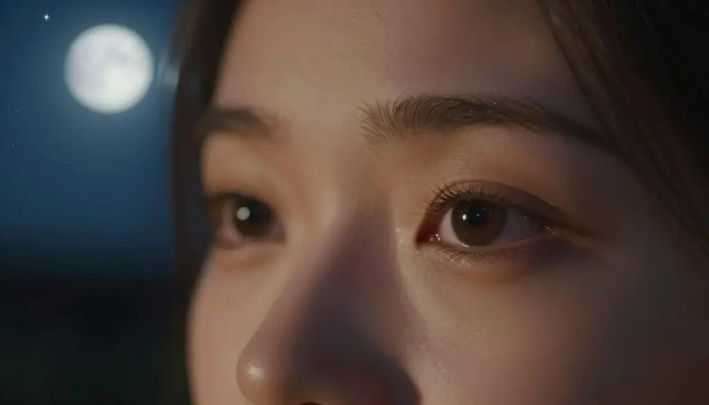 A close-up of deep, expressive eyes that evoke feelings of longing and love, reflecting a soft, shimmering glow under the moonlight. The eyes should have a gentle, melancholic expression, surrounded by delicate eyelashes. In the background, a tranquil night sky filled with twinkling stars, casting a calming ambiance. The foreground features hints of soft, blurred shadows, suggesting an intimate setting. The lighting should be soft and warm, creating a dreamy atmosphere, as if illuminated by the light of the moon. The viewpoint should be at eye level, focusing on the emotion conveyed through the eyes, capturing the essence of yearning, pain, and beauty associated with night and love.