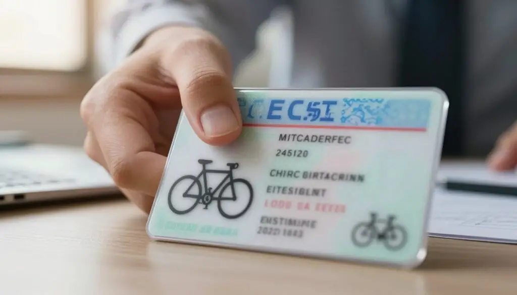 A close-up view of a detailed bicycle license card, displayed prominently in the foreground. The card shows distinct elements such as the bicycle silhouette, identification details, and a watermark design while emphasizing its shiny, plastic texture. In the middle ground, a hand reaches out to hold the card, with fingers gently grazing its surface. The background includes a softly blurred office setting, hinting at a professional environment where duplicate applications might be processed. Natural light pours in through a window, creating warm highlights that enhance the mood of determination and clarity. The composition should focus on clarity and professionalism, evoking a sense of trust and importance in the process of obtaining a duplicate bicycle license card. A close-up view of a detailed bicycle license card, displayed prominently in the foreground. The card shows distinct elements such as the bicycle silhouette, identification details, and a watermark design while emphasizing its shiny, plastic texture. In the middle ground, a hand reaches out to hold the card, with fingers gently grazing its surface. The background includes a softly blurred office setting, hinting at a professional environment where duplicate applications might be processed. Natural light pours in through a window, creating warm highlights that enhance the mood of determination and clarity. The composition should focus on clarity and professionalism, evoking a sense of trust and importance in the process of obtaining a duplicate bicycle license card.