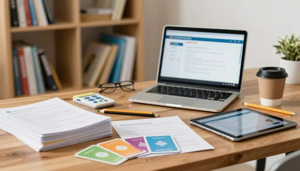 A collection of professional tools arranged artistically on a wooden desk, representing various educational resources. In the foreground, there are neatly stacked papers and colorful flashcards, along with a tablet displaying a video interface. In the middle, an open laptop shows an interactive quiz, surrounded by pencils and a coffee cup. In the background, a well-organized bookshelf filled with educational books and materials adds depth. The warm lighting creates a welcoming atmosphere, highlighting the tools as if they're inviting students to explore their options. A shallow depth of field blurs the background gently, focusing on the foreground tools, conveying a sense of clarity and purpose in career guidance. A collection of professional tools arranged artistically on a wooden desk, representing various educational resources. In the foreground, there are neatly stacked papers and colorful flashcards, along with a tablet displaying a video interface. In the middle, an open laptop shows an interactive quiz, surrounded by pencils and a coffee cup. In the background, a well-organized bookshelf filled with educational books and materials adds depth. The warm lighting creates a welcoming atmosphere, highlighting the tools as if they're inviting students to explore their options. A shallow depth of field blurs the background gently, focusing on the foreground tools, conveying a sense of clarity and purpose in career guidance.