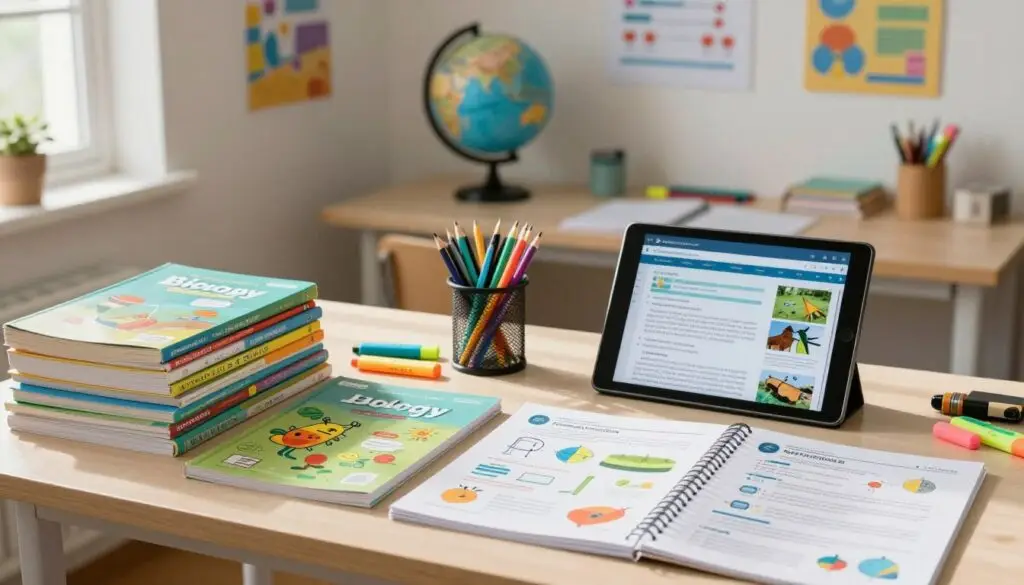 A collection of study materials representing biology, geography, and chemistry for students in grades 4 to 8. In the foreground, neatly stacked books and colorful worksheets are arranged, showcasing vibrant diagrams and scientific illustrations. A digital tablet displays an educational platform with interactive content. In the middle ground, a desk cluttered with stationery, highlighters, and a globe adds an academic feel. The background features a well-lit study room with motivational posters on the walls and a cozy ambiance. Soft natural lighting filters in from a nearby window, casting gentle shadows. The scene conveys a focused, productive atmosphere, ideal for learning and organization, suitable for students eager to explore academic resources. A collection of study materials representing biology, geography, and chemistry for students in grades 4 to 8. In the foreground, neatly stacked books and colorful worksheets are arranged, showcasing vibrant diagrams and scientific illustrations. A digital tablet displays an educational platform with interactive content. In the middle ground, a desk cluttered with stationery, highlighters, and a globe adds an academic feel. The background features a well-lit study room with motivational posters on the walls and a cozy ambiance. Soft natural lighting filters in from a nearby window, casting gentle shadows. The scene conveys a focused, productive atmosphere, ideal for learning and organization, suitable for students eager to explore academic resources.