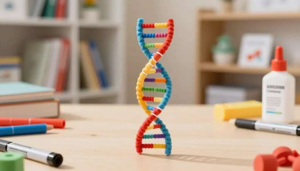 A colorful and informative illustration showcasing the concept of nitrogenous base pairing in DNA. In the foreground, depict a detailed model of DNA constructed from pasta and craft wires, highlighting the double helix structure with vibrant colors representing adenine, thymine, cytosine, and guanine. The middle ground features a well-lit educational workspace with various crafting materials, like markers and glue, scattered around. In the background, softly blurred shelves filled with science books and biology materials enhance the educational atmosphere. Use warm lighting to create an inviting and inspiring mood, while employing a macro lens perspective for close-up details of the DNA model, emphasizing the fascinating arrangement of the nitrogenous bases. A colorful and informative illustration showcasing the concept of nitrogenous base pairing in DNA. In the foreground, depict a detailed model of DNA constructed from pasta and craft wires, highlighting the double helix structure with vibrant colors representing adenine, thymine, cytosine, and guanine. The middle ground features a well-lit educational workspace with various crafting materials, like markers and glue, scattered around. In the background, softly blurred shelves filled with science books and biology materials enhance the educational atmosphere. Use warm lighting to create an inviting and inspiring mood, while employing a macro lens perspective for close-up details of the DNA model, emphasizing the fascinating arrangement of the nitrogenous bases.