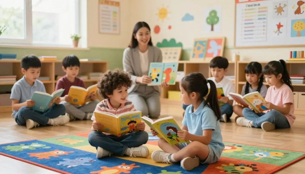 A cozy primary school classroom filled with children aged 6-9 years, engaged in reading and storytelling activities. In the foreground, two diverse children sit together on a colorful carpet, one reading aloud from a book while the other listens intently, surrounded by playful illustrations of magical creatures and books from famous children's literature. In the middle ground, a cheerful teacher, dressed in casual yet professional attire, interacts with a small group, showcasing large picture books and audiobooks. The background features cheerful wall decorations with charts and art made by the students, illuminated by warm, soft lighting from classroom windows. The atmosphere is bright, friendly, and inviting, encouraging a love for reading and sharing stories. A cozy primary school classroom filled with children aged 6-9 years, engaged in reading and storytelling activities. In the foreground, two diverse children sit together on a colorful carpet, one reading aloud from a book while the other listens intently, surrounded by playful illustrations of magical creatures and books from famous children's literature. In the middle ground, a cheerful teacher, dressed in casual yet professional attire, interacts with a small group, showcasing large picture books and audiobooks. The background features cheerful wall decorations with charts and art made by the students, illuminated by warm, soft lighting from classroom windows. The atmosphere is bright, friendly, and inviting, encouraging a love for reading and sharing stories.